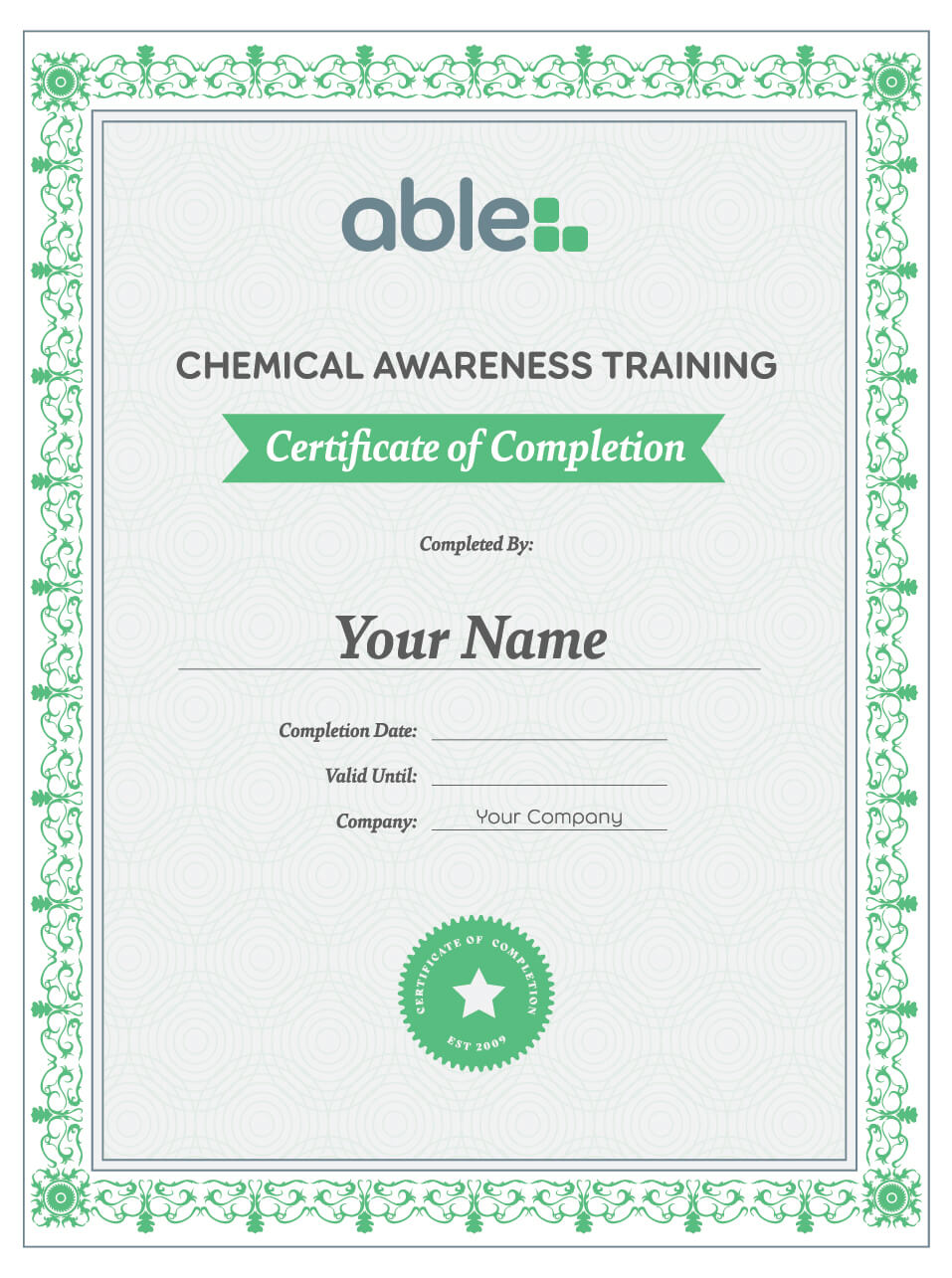 Example COSHH training certificate